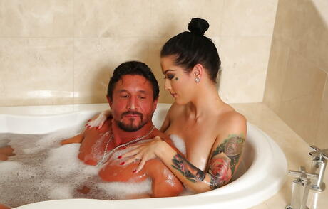 Stunning american dark-haired Katrina Jade in lingerie fucked after wet blowjob in the bathroom